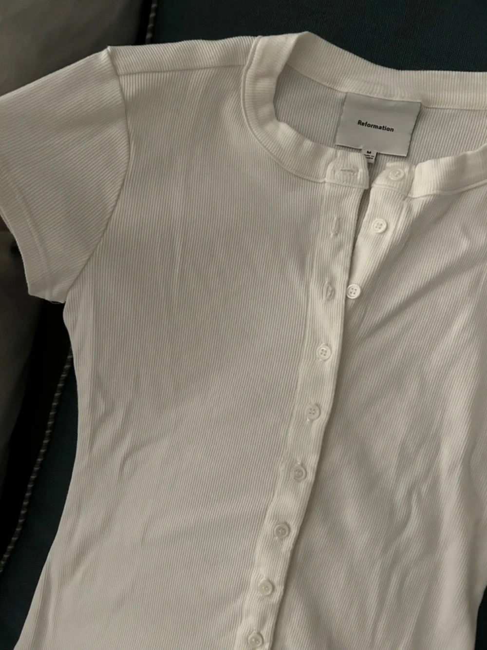 Reformation Cream Ribbed Button-Front Short Sleeve Top - Picture 3 of 5